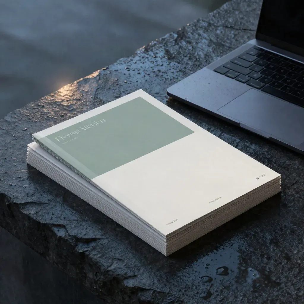 Rain-dark inbound marketing campaign stack on stone with laptop, proofs, and lead magnet booklets.