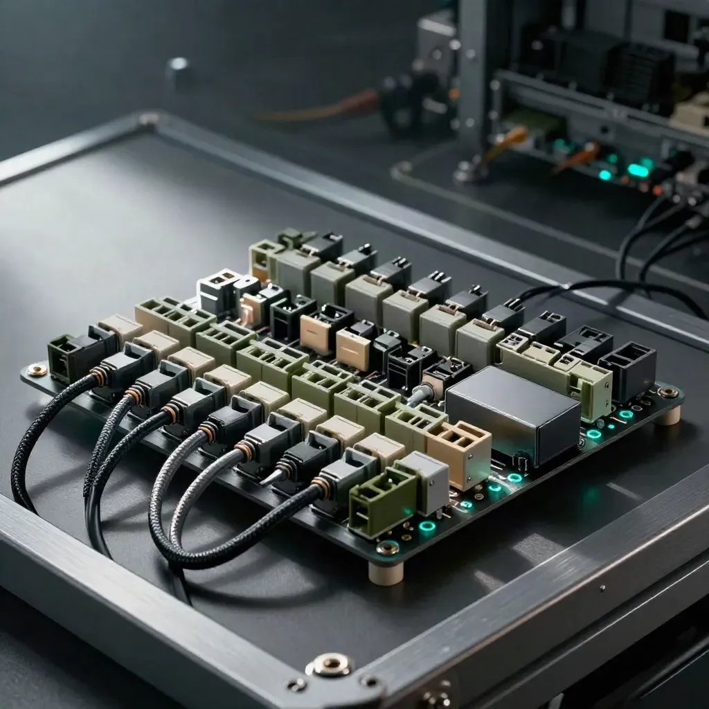 CRM connector blocks and hub device on a dark graphite surface with teal reflections