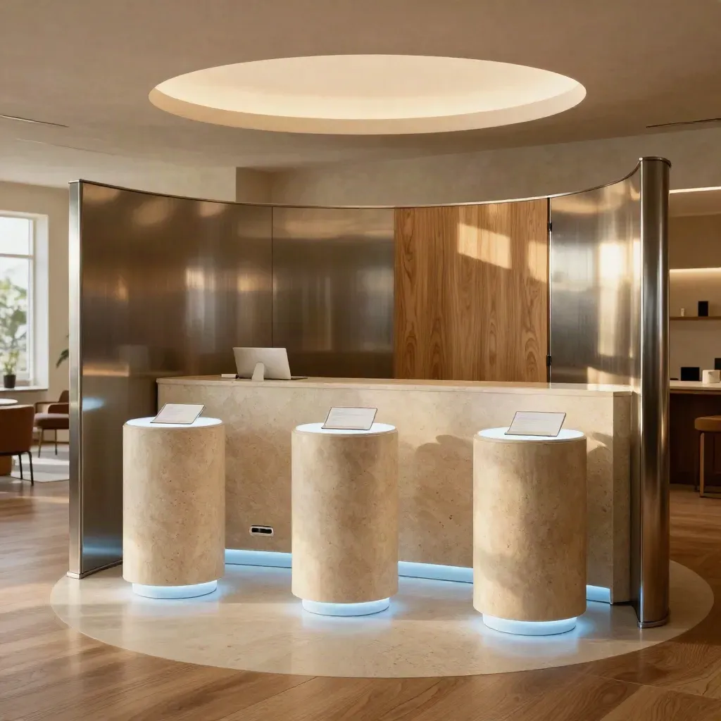 Empty SaaS demo suite with glowing plinths, open glass doors, and a ready reception counter.