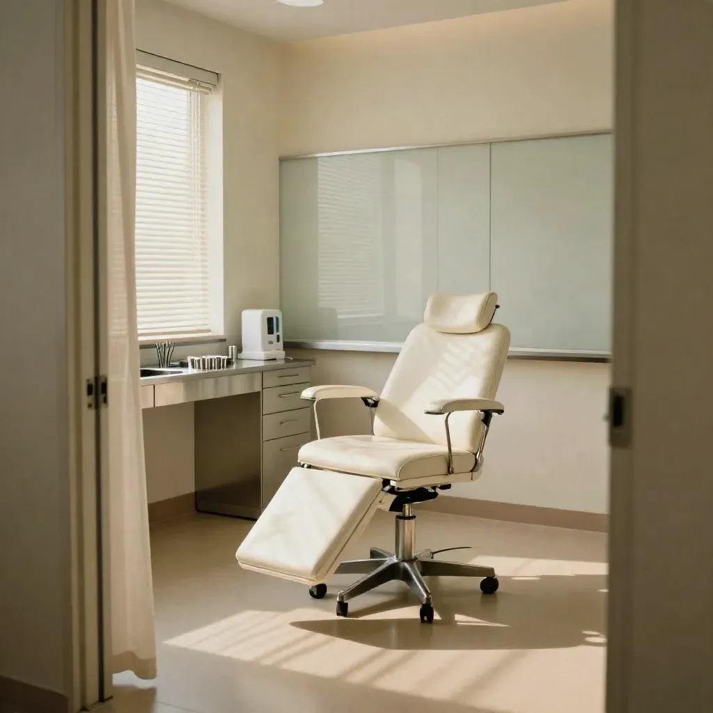 Empty clinic consult room with exam chair, blinds, and side counter in soft daylight.