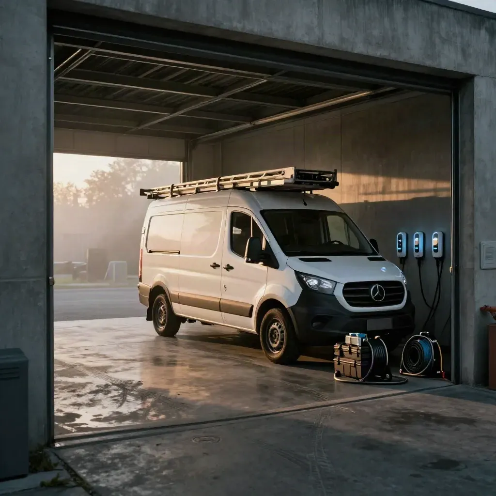 Dawn garage with a parked service van, coiled hose and stacked tool cases under blue-tinged haze.