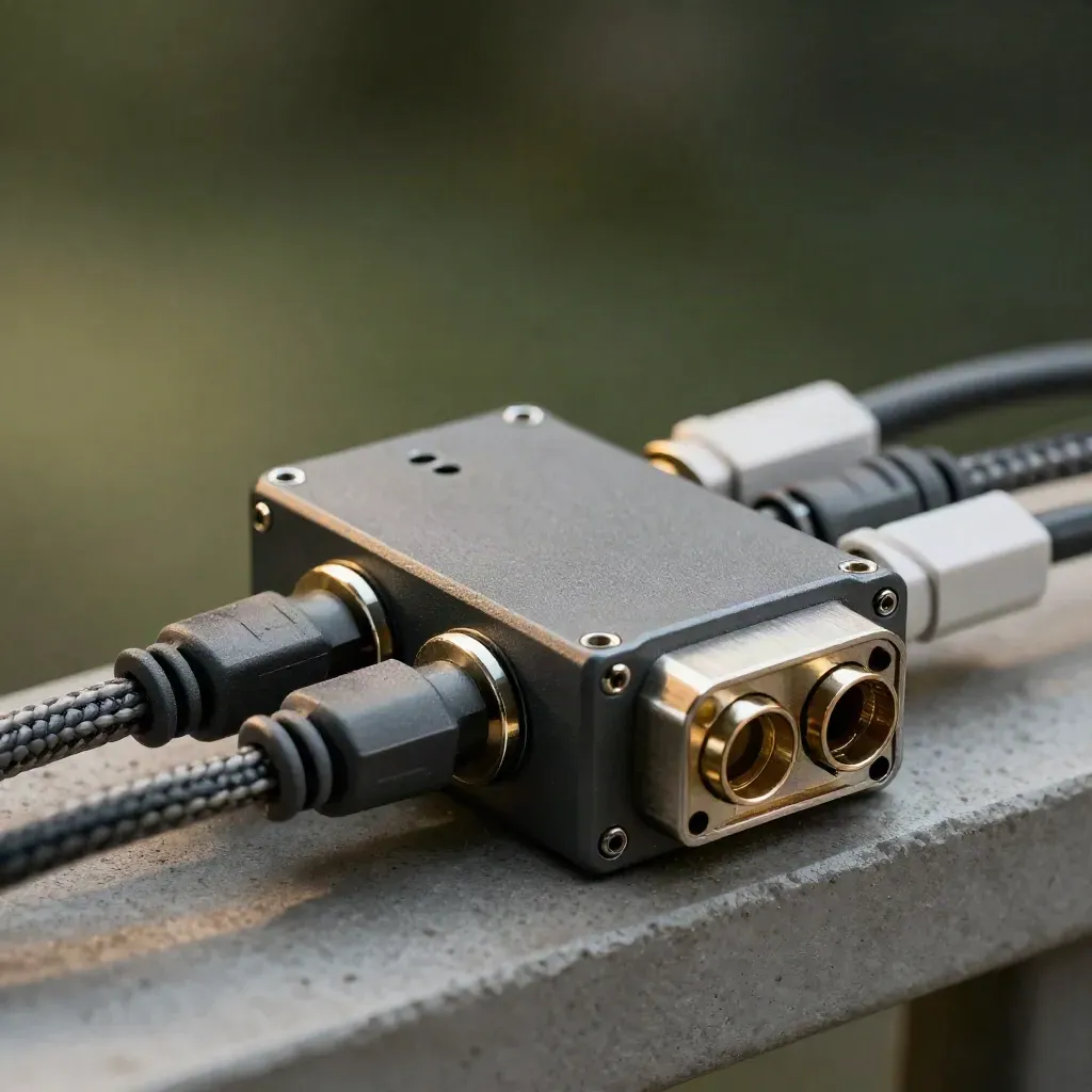 Modular connector hub with braided patch cables and white tags on a concrete shelf.