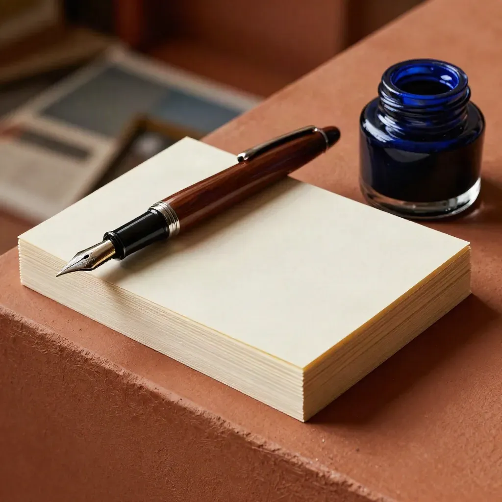 Overhead still life of a fountain pen, blank index cards, and ink pot on terracotta surface.