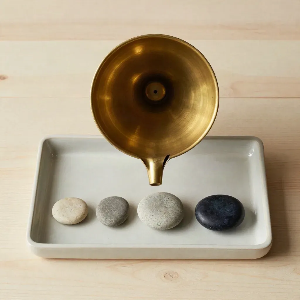 Brass funnel, three stones, and ceramic tray on pale wood, overhead in soft daylight.