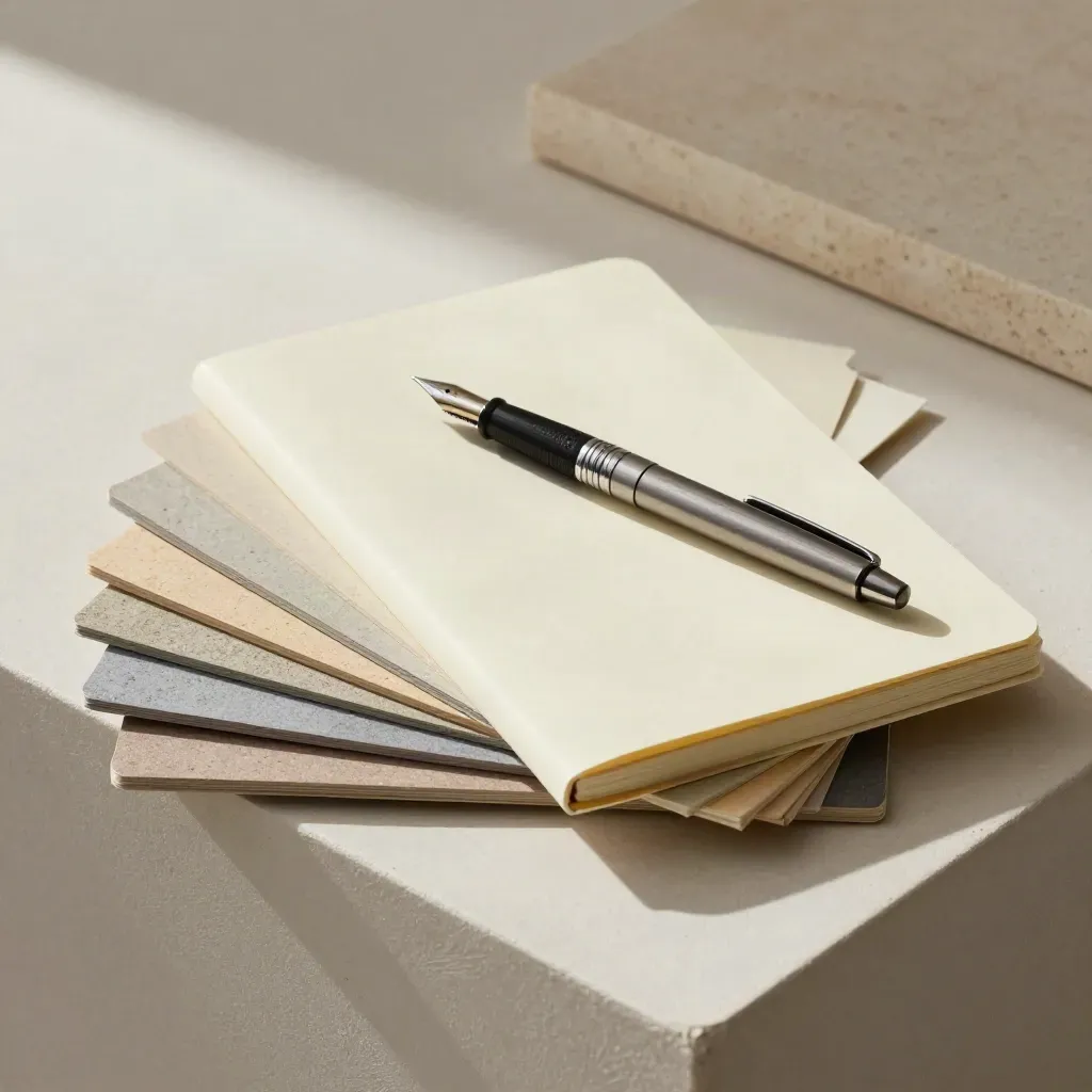 Cream notebook, cardstock swatches, and fountain pen on an off-white plaster plinth.