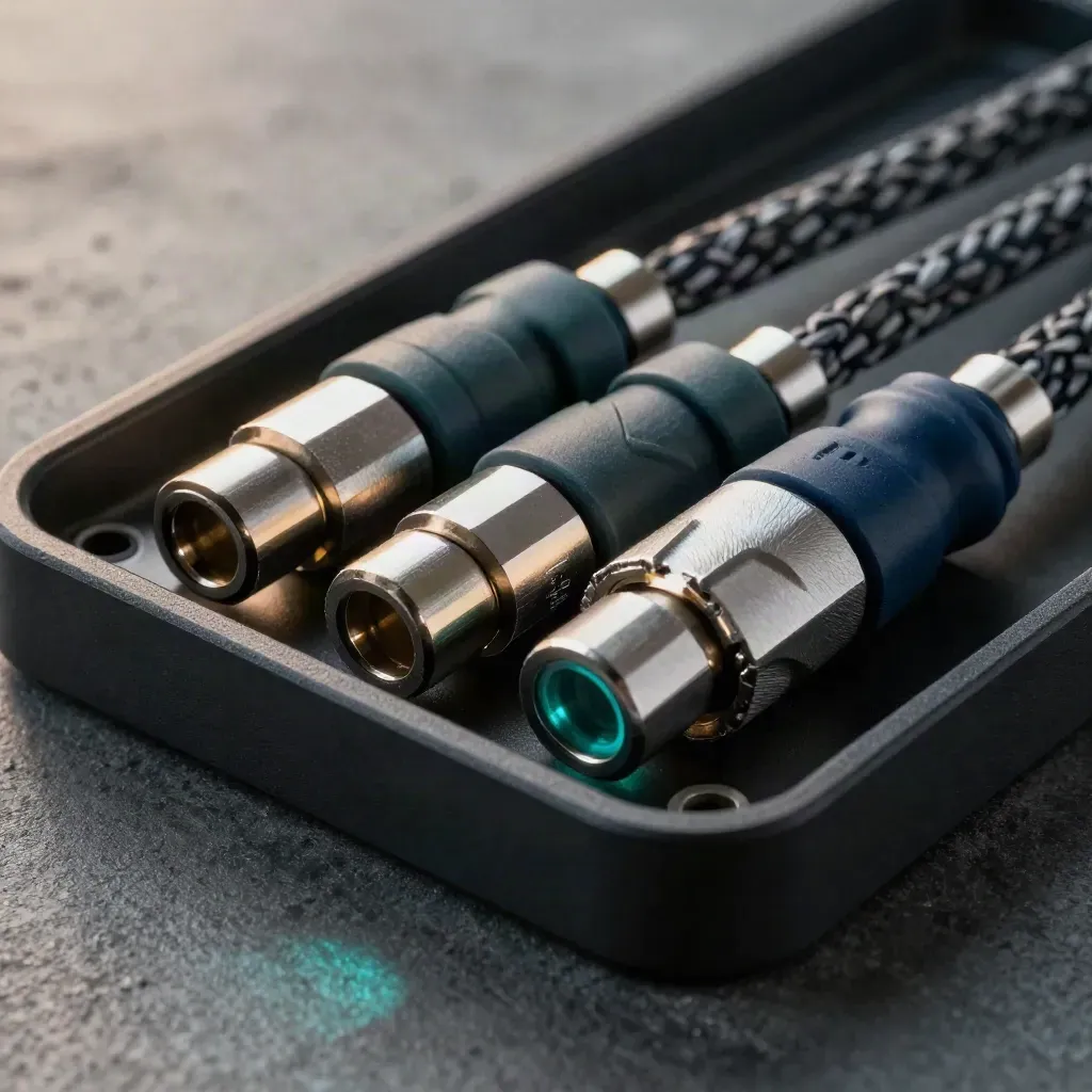 Macro of connector blocks, braided cables, and a hub module on a dark tray with teal accents.