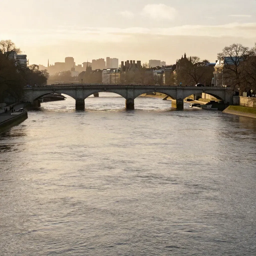 Foggy Thames bend with London bridges and rooftops at golden hour