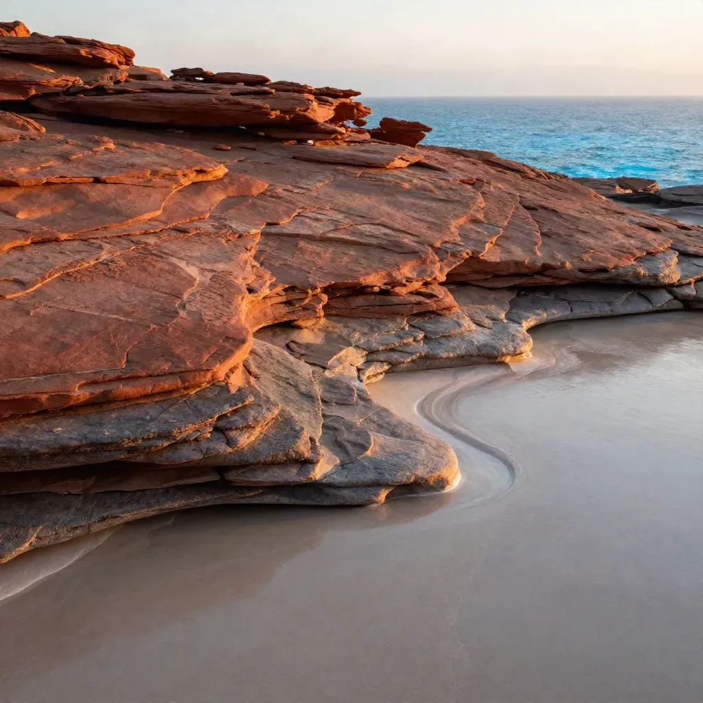 Red sandstone terrace above blue coastal haze, sunlit and textural with calm space below.